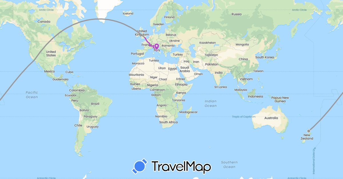 TravelMap itinerary: driving, plane, train in France, United Kingdom, Italy, New Zealand, United States (Europe, North America, Oceania)